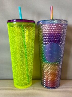 Starbucks yellow bubble design and a studded purple holographic 24 oz